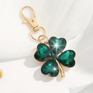 Luxury Rhinestone-Encrusted Four-Leaf Clover Keychain Dark Green & Gold Tone NIP
